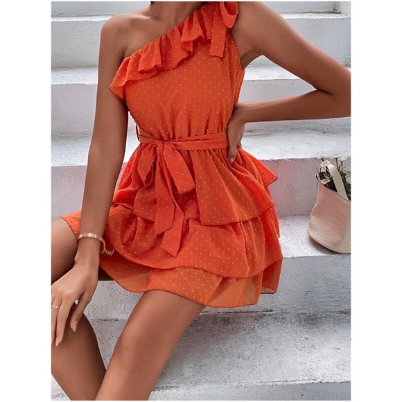 Boho Swiss dot One Shoulder Ruffle Mini Dress - Picture 7 of 13